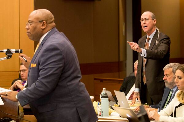 03/26/2018 -- Atlanta, GA - Defense attorney Bruce Harvey, right, objects to a question asked by Fulton County Chief Assistant District Attorney Clint Rucker, left, during the tenth day of trial for Tex McIver before Fulton County Chief Judge Robert McBurney, Monday, March 26, 2018. ALYSSA POINTER/ALYSSA.POINTER@AJC.COM