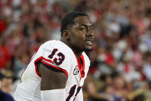 Georgia defensive lineman Mykel Williams (13) is shown on the sideline during their game against Alabama at Bryant-Denny Stadium, Saturday, Sept. 28, 2024, in Tuscaloosa, Al. Alabama won 41-34. (Jason Getz / AJC)

