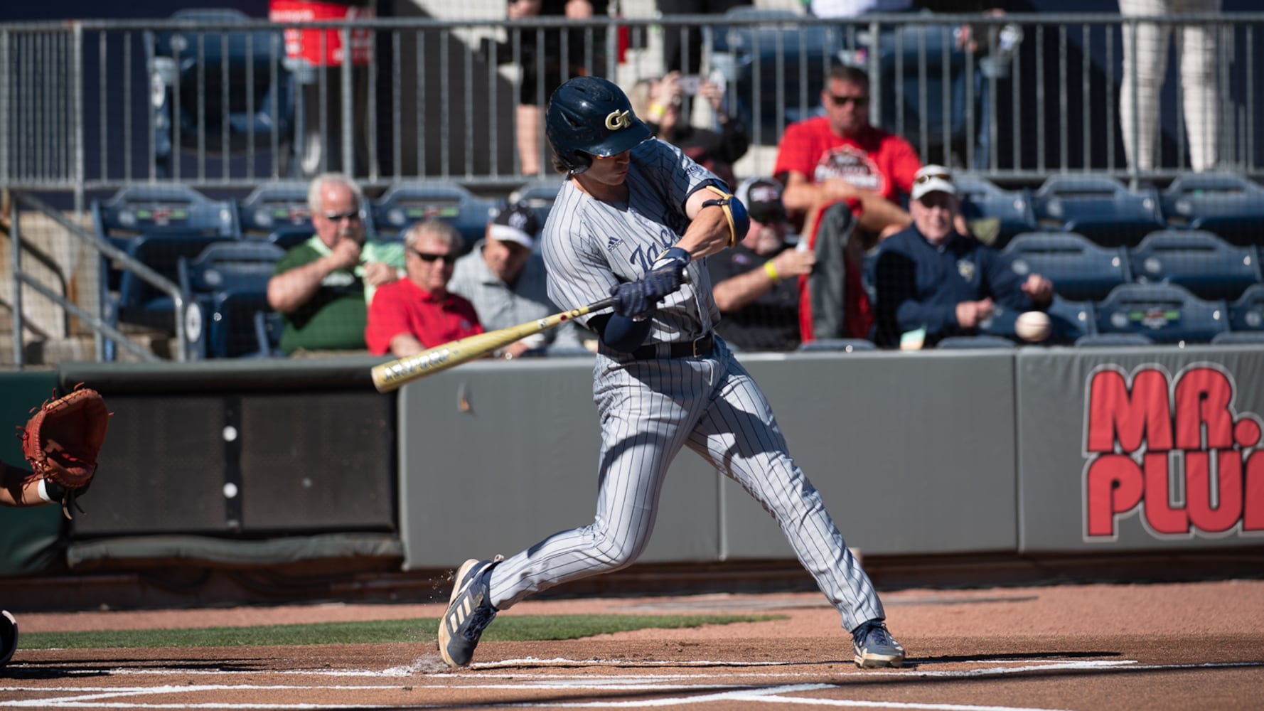 Georgia Tech outfielder Jake DeLeo takes a cut during the 20th Spring Classic against Georgia on Sunday at Coolray Field in Lawrenceville. (Jamie Spaar / for The Atlanta Journal-Constitution)