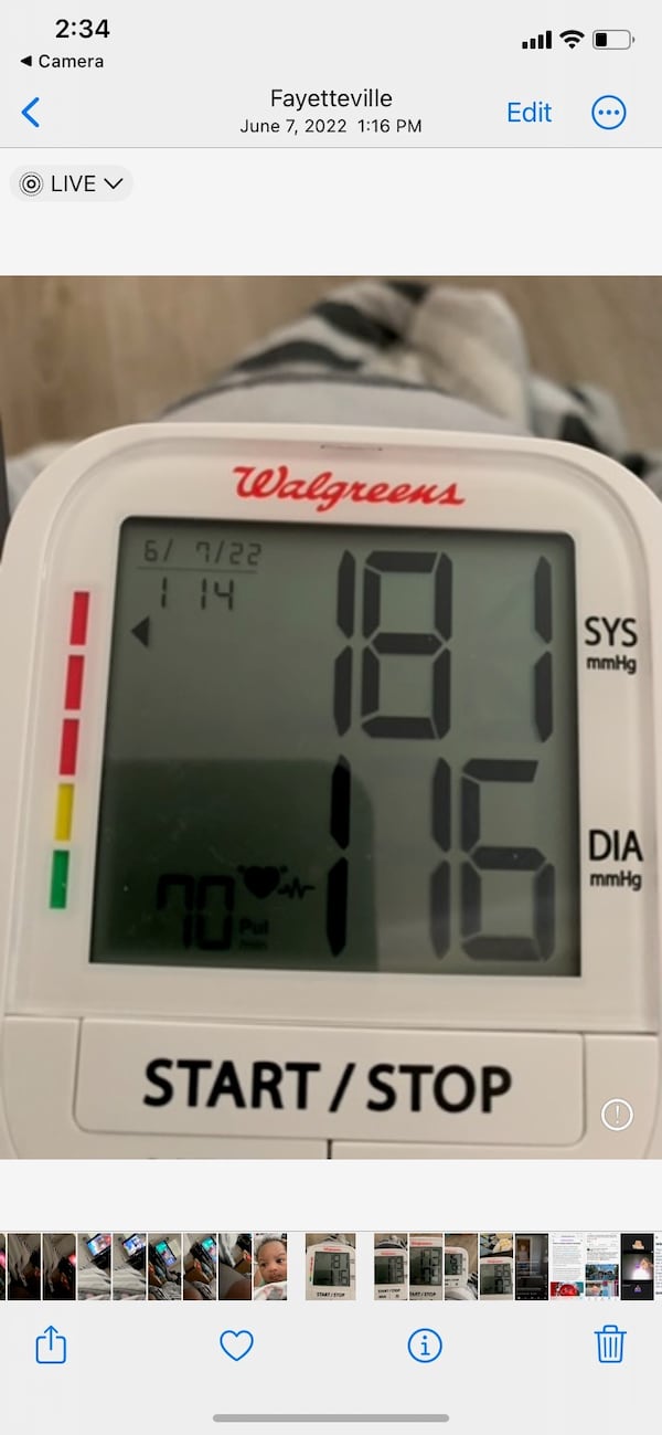 As Precious Andrews grew more concerned that doctors were dismissing her complaints of possible preeclampsia, she started keeping records.  Here, her blood pressure with a home monitor is 181/116, extremely high. She went to the hospital. When she got there she told the clinician what the monitor had said.  The clinician wrote in her records that Andrews reported "180's/80's."  (Screenshot courtesy of Precious Andrews)