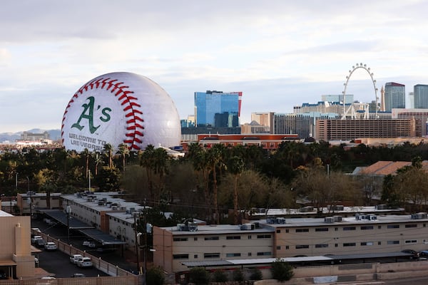 The Athletics logo is displayed on The Sphere, Friday, March 7, 2025, in Las Vegas. (Wade Vandervort/Las Vegas Sun via AP)