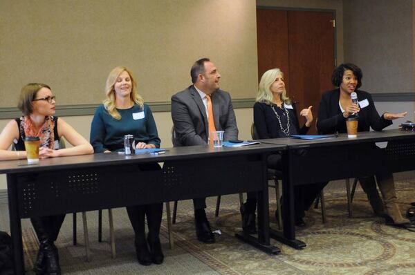 Ciara Frisbie (left) speaks on a panel with Don Logana (center) during the ceremony for th inagural Larry Peterson Memorial Award for Investigative Journalism in 2015. (Credit: Ciara Frisbie)