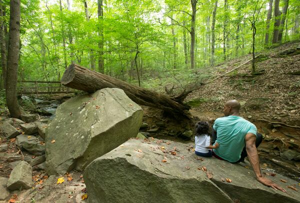 Uriel Ali, of Charleston, SC, and his one-year-old daughter Aryana sit next to a small creek at the John Ripley Forbes Big Trees Forest Preserve in 2015. PHOTO / JASON GETZ