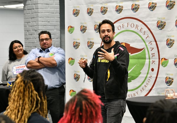 October 19, 2022 Forest Park - The award-winning creator of Hamilton the Musical, Lin-Manuel Miranda, speaks to students and young voters at Leonhard Hartsfield Community Center in Forest Park on Tuesday, August 19, 2022. (Hyosub Shin / Hyosub.Shin@ajc.com)