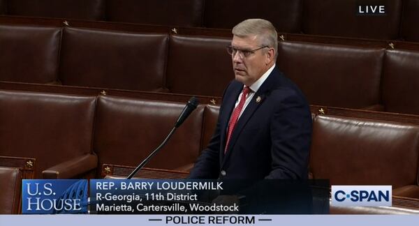 Screenshot of C-SPAN feed as U.S. Rep. Barry Loudermilk, R-Cassville, speaks on the House floor during debate on the George Floyd Justice in Policing Act on Thursday, June 25, 2020.