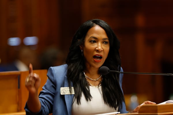 State Rep. Tanya Miller, D-Atlanta, speaks against SB68 during a debate before a vote on Thursday, March 20, 2025. SB68 aims to limit when people can sue businesses for some injuries and ban outside interests from funding the lawsuits. 
(Miguel Martinez/ AJC)