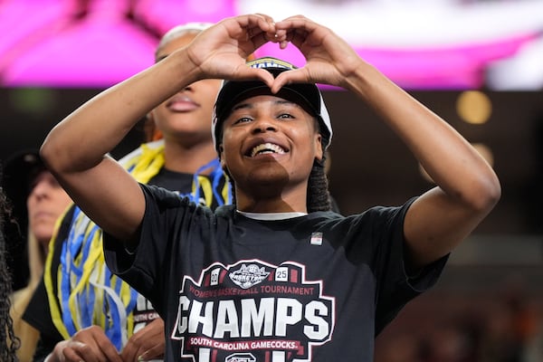 South Carolina guard MiLaysia Fulwiley celebrates after their win against Texas in an NCAA college basketball game in the final of the Southeastern Conference tournament, Sunday, March 9, 2025, in Greenville, S.C. (AP Photo/Chris Carlson)