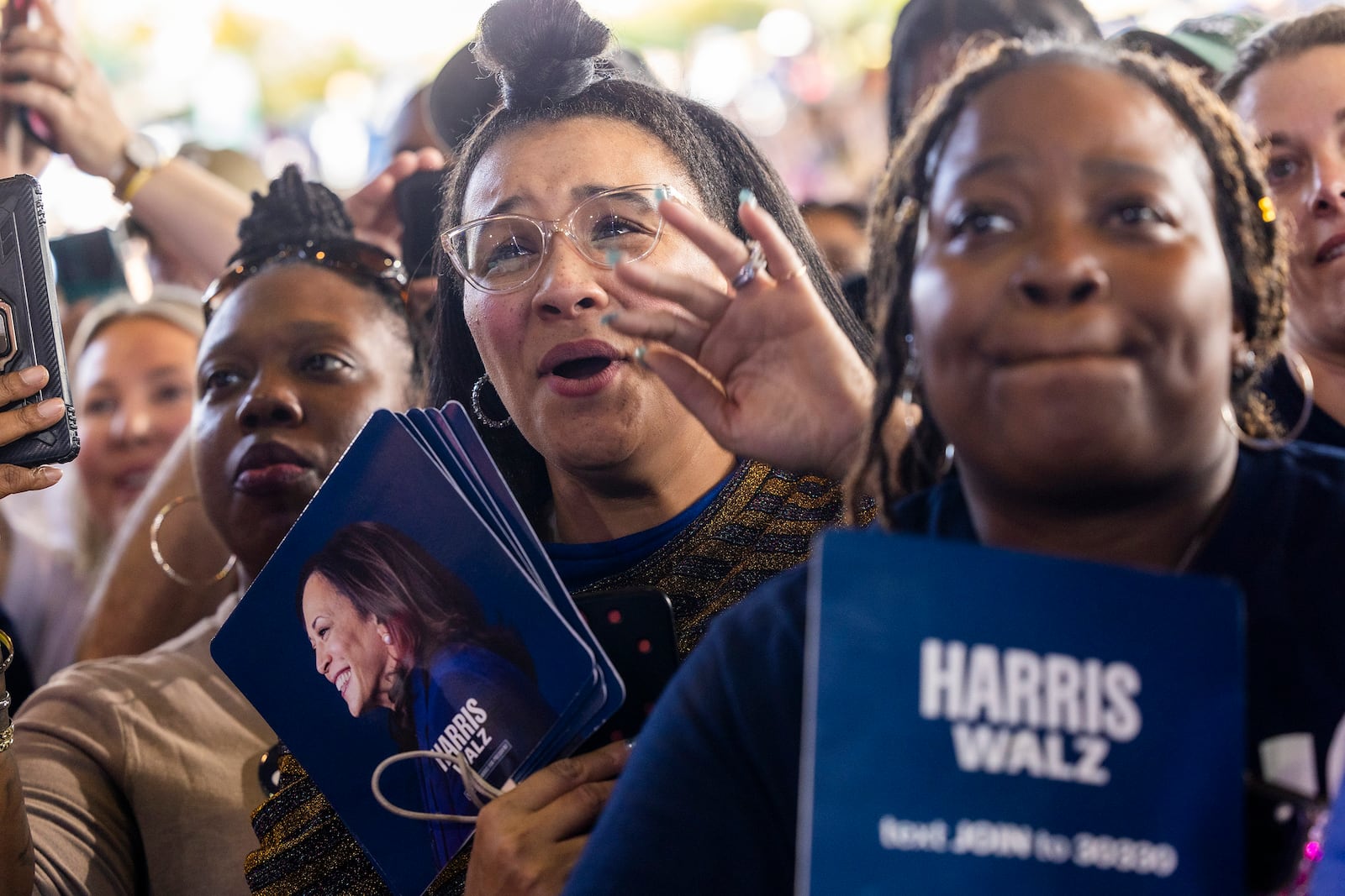 Supporters cheer for Vice President Kamala Harris as she speaks at a rally in Raleigh, N.C., on Wednesday.