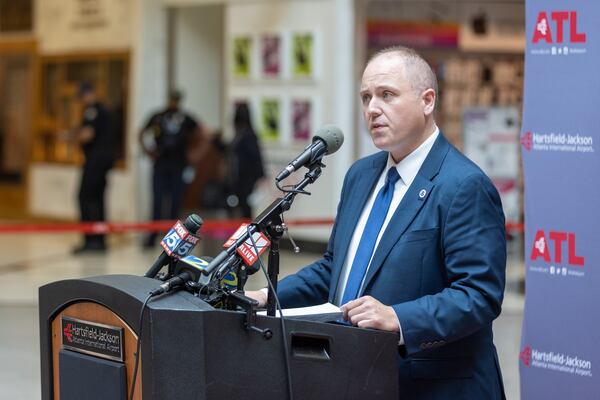 TSA Federal Security Director Robert Spinden speaks at a press conference at Hartsfield-Jackson airport’s domestic terminal in Atlanta on Wednesday, August 30, 2023. (Arvin Temkar / arvin.temkar@ajc.com)