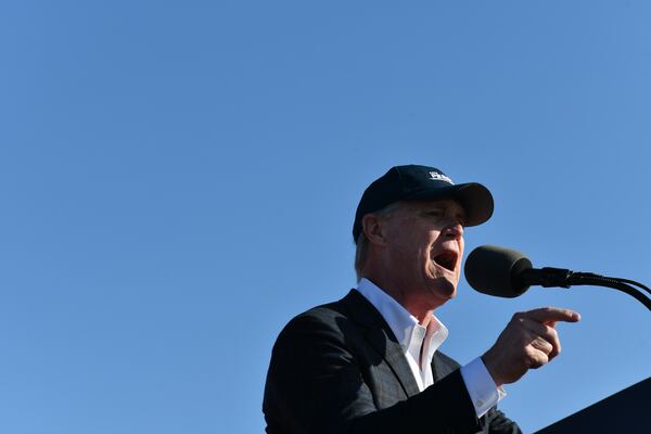 March 26, 2022 Commerce - David Perdue speaks during a rally for Georgia GOP candidates at Banks County Dragway in Commerce on Saturday, March 26, 2022. (Hyosub Shin / Hyosub.Shin@ajc.com)