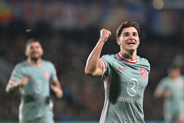 Atletico's Julian Alvarez celebrates his goal during the Champions League opening match between Sparta Prague and Atletico Madrid in Prague, Czech Republic, Tuesday, November 26, 2024. (Michaela Rihova/CTK via AP)