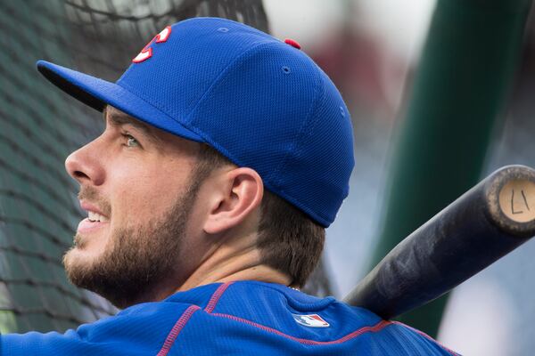 Chicago Cubs' Kris Bryant looks on during warm-ups prior to the first inning of a baseball game against the Philadelphia Phillies, Monday, June 6, 2016, in Philadelphia. (AP Photo/Chris Szagola)