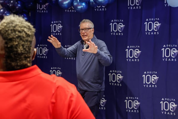 Delta Air Lines CEO Ed Bastian greets employees during the annual profit-sharing day celebration at the Atlanta Customer Engagement Center in Hapeville on Friday, Feb. 14, 2025. (Natrice Miller/AJC)