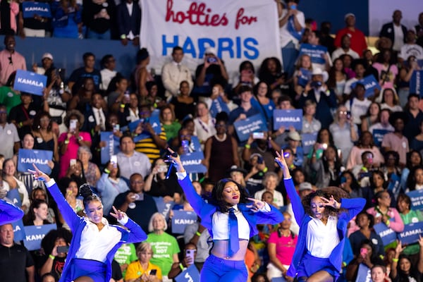 Rapper Megan Thee Stallion performs at the Georgia State University Convocation Center in Atlanta on Tuesday as part of a campaign rally for Kamala Harris campaign rally. It was the vice president’s first campaign event in the state since she became the presumptive Democratic nominee for president. (Arvin Temkar / AJC)