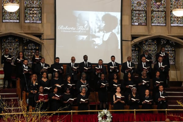 A choir performs during a ceremony in celebration of Roberta Flack's life at The Abyssinian Baptist Church on Monday, March 10, 2025, in New York. (AP Photo/Richard Drew)