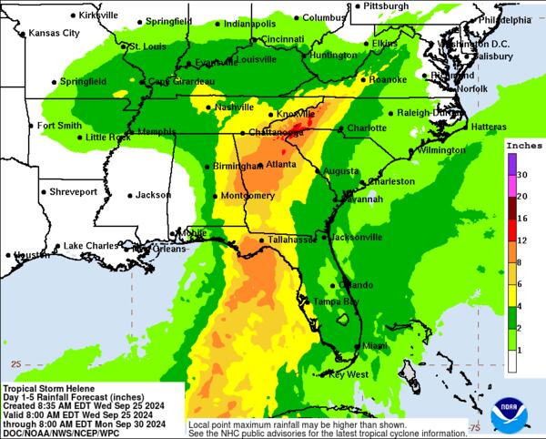 This map shows the forecasted rainfall expected to hit Georgia with Helene from the National Hurricane Center as seen Wednesday, Sep. 25, 2024. Screenshot