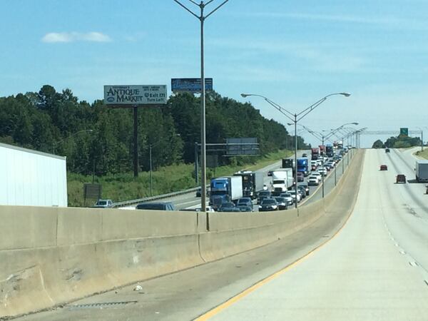 Traffic is backed up on I-75 northbound  in Forsyth as some in Florida flee in advance of Hurricane Irma. JOSH SHARPE/AJC