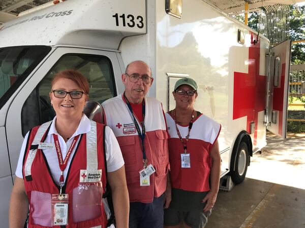 (From left) Katy Bland of Jacksonville, Florida, John Gilman of Orange Park, Florida, and Linda Bushmann from Cincinnati, Ohio, will be traveling to the Carolinas as Red Cross volunteer responders help Hurricane Florence survivors. They are working with the Red Cross of Georgia and are in Macon awaiting deployment to the Carolinas. (Photo contributed by Ashley Henyan/Red Cross of Georgia)