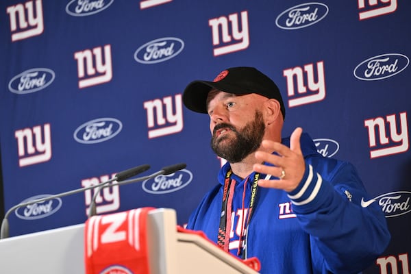 New York Giants head coach Brian Daboll attends a news conference in Munich, Germany, Friday, Nov. 8, 2024. The New York Giants are set to play the Carolina Panthers in an NFL game at the Allianz Arena in Munich on Sunday. (AP Photo/Lennart Preiss)