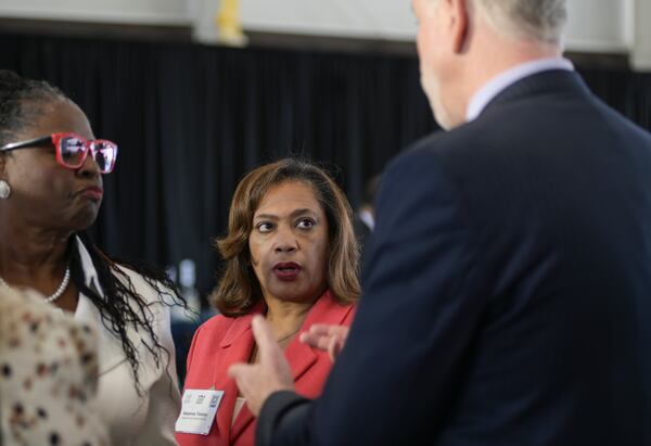 DeKalb County School Board Chair Vickie Turner, left, and Vasanne Tinsley, interim superintendent, held a news conference on April 27, 2022. A day earlier the board had fired Cheryl Watson-Harris as superintendent. (Natrice Miller / natrice.miller@ajc.com)