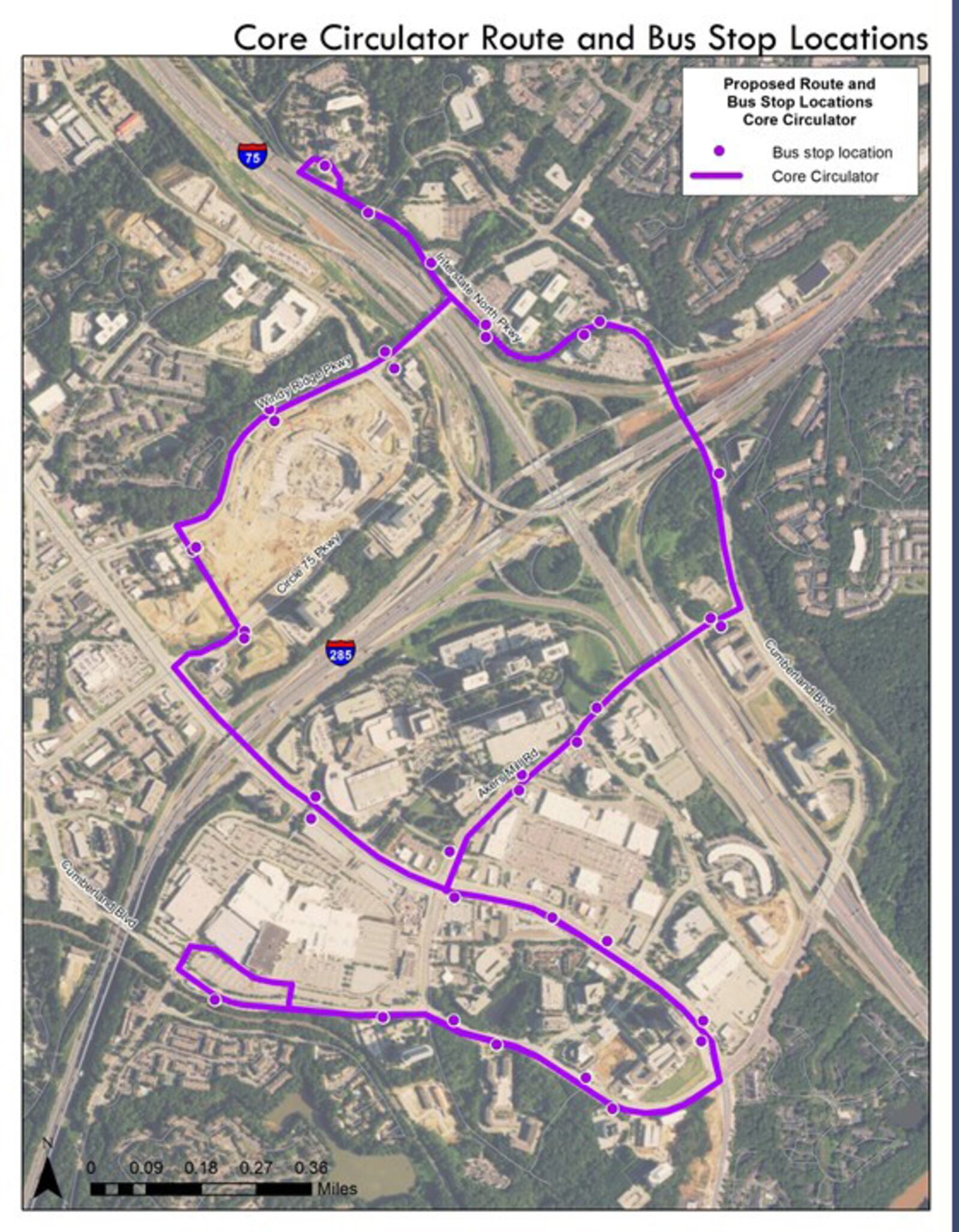 Map of the Atlanta Braves shuttle to SunTrust Park. Atlanta Braves fans can use the CobbLinc Cumberland Circulator core route to travel between SunTrust Park and the Cumberland Transit Center. Courtesy of Cobb County Government.