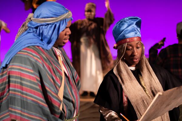 Israel Vaughan (as King Herod’s stylist, Louis Vittonicus) and Rayquila Durham (as scribe) at tech rehearsal for "Mother of God."