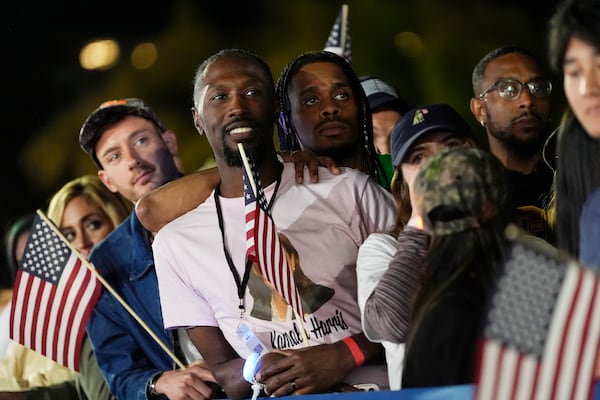 Supporters listen to Vice President Kamala Harris speak at a campaign event at the Ellipse in Washington on Tuesday.