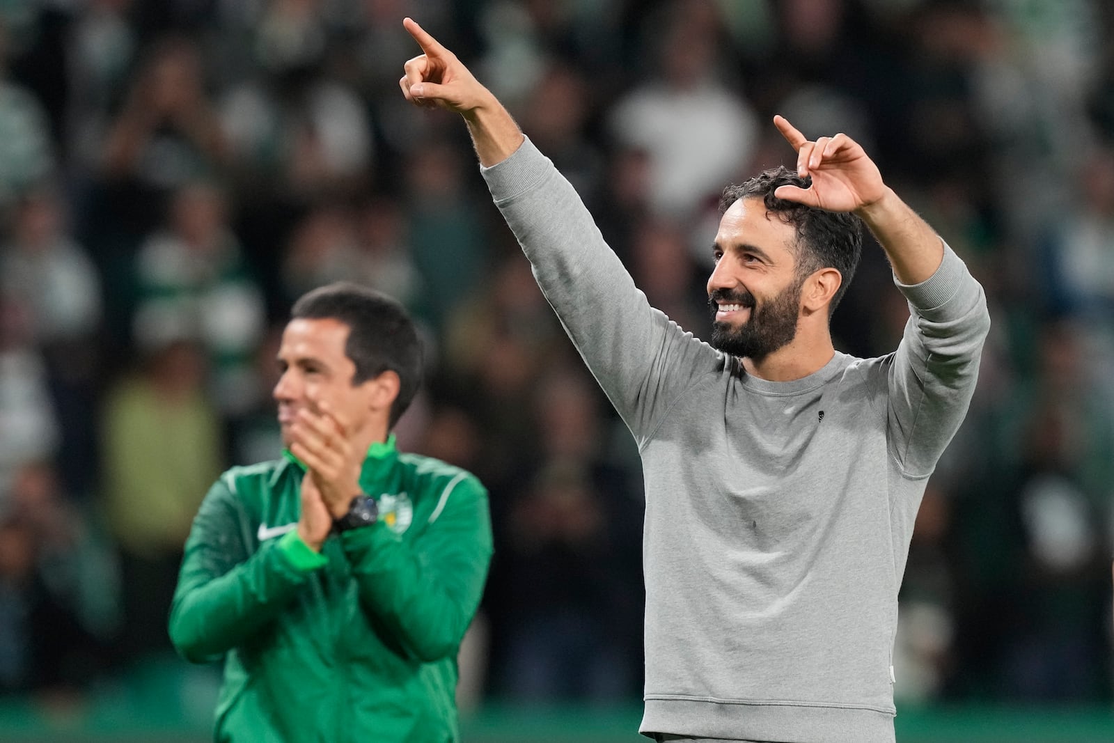 Sporting's head coach Ruben Amorim leaves the pitch after the UEFA Champions League opening phase match between Sporting and Manchester City in Lisbon, Portugal, Tuesday, Nov. 5, 2024. (AP Photo/Armando Franca)