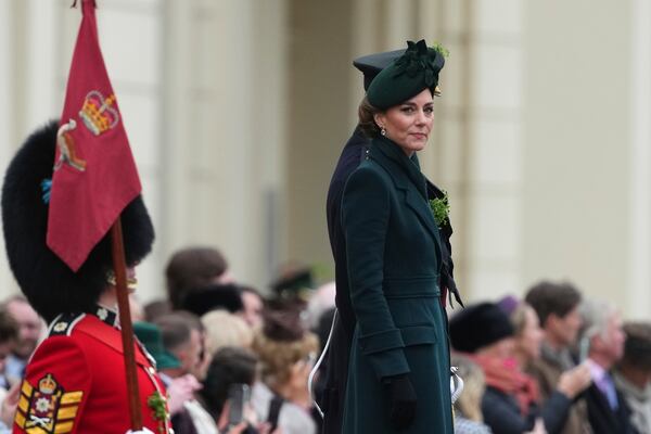 Britain's Kate, the Princess of Wales, joins the Irish Guards, their veterans, families, serving soldiers, reservists, and young cadets from Northern Ireland, at a special St Patrick's Day parade and celebration at Wellington Barracks in London, Monday, March 17, 2025.(AP Photo/Kirsty Wigglesworth)