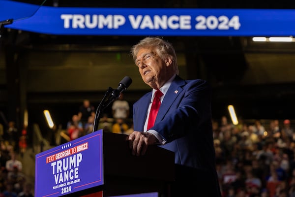 Republican presidential candidate Donald Trump speaks at his rally at McCamish Pavilion at Georgia Tech in Atlanta on Monday, October 28, 2024. (Arvin Temkar / AJC)