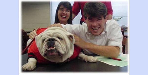 Georgia mascot UGA VI attended the signing ceremony at Savannah Christian Preparatory School in November 2004 when Brian Harman signed his letter of intent with the University of Georgia. File photo courtesy of Amy Rhodes