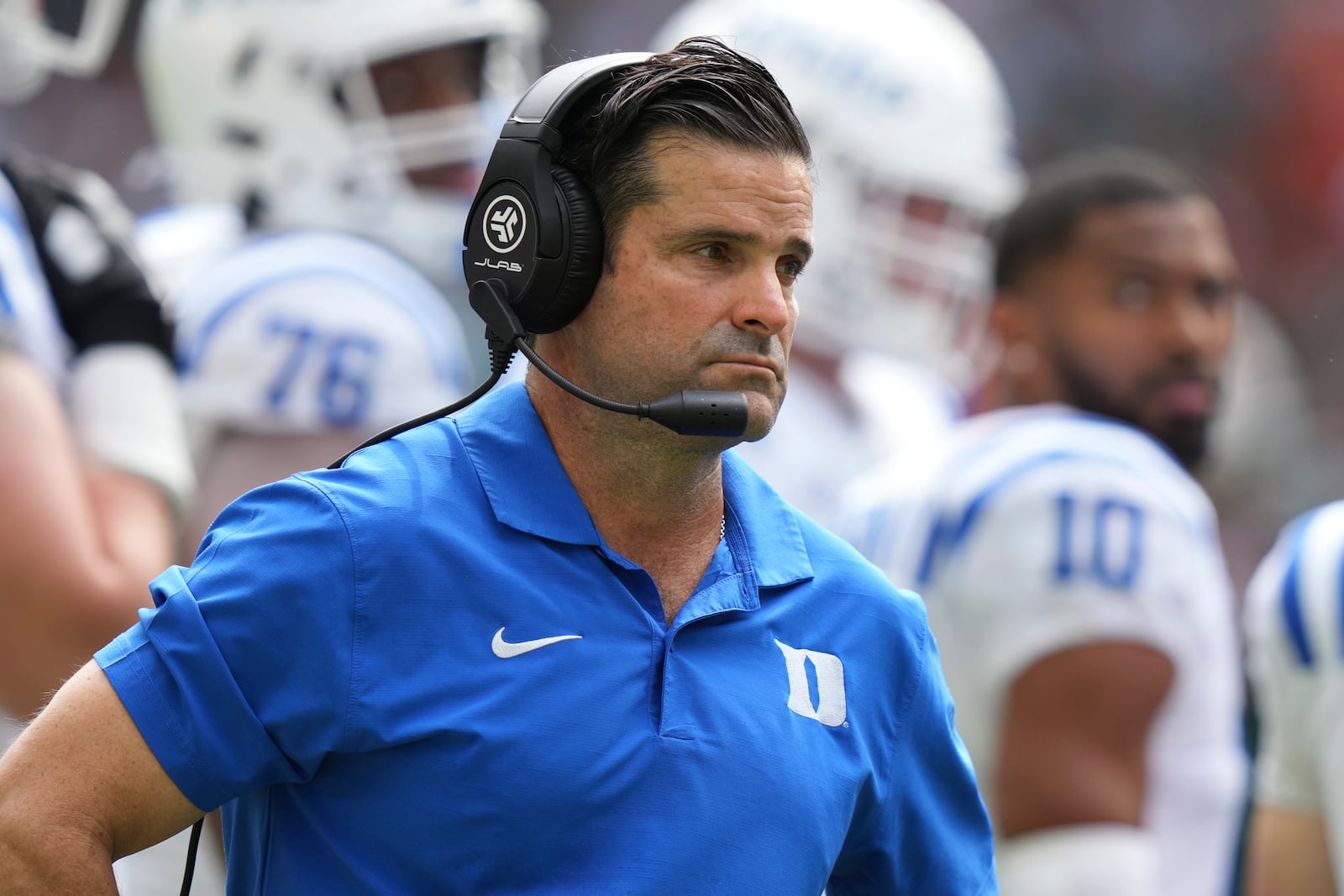 Duke head coach Manny Diaz watches from the sideline during the first half of an NCAA college football game against Miami, Saturday, Nov. 2, 2024, in Miami Gardens, Fla. (AP Photo/Lynne Sladky)