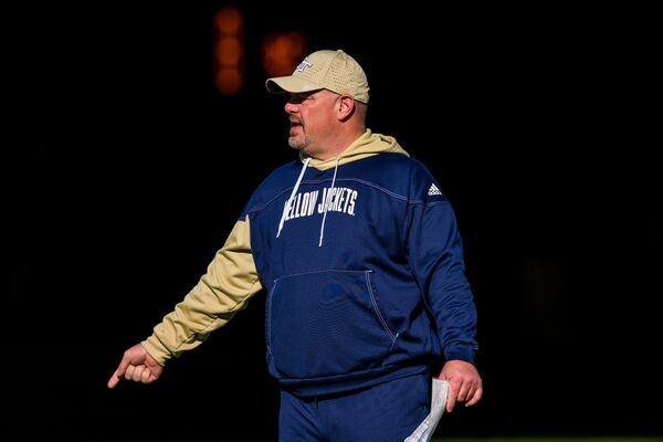 Georgia Tech linebackers coach Kevin Sherrer at the Yellow Jackets' spring practice in March 2023. (Danny Karnik/Georgia Tech Athletics)