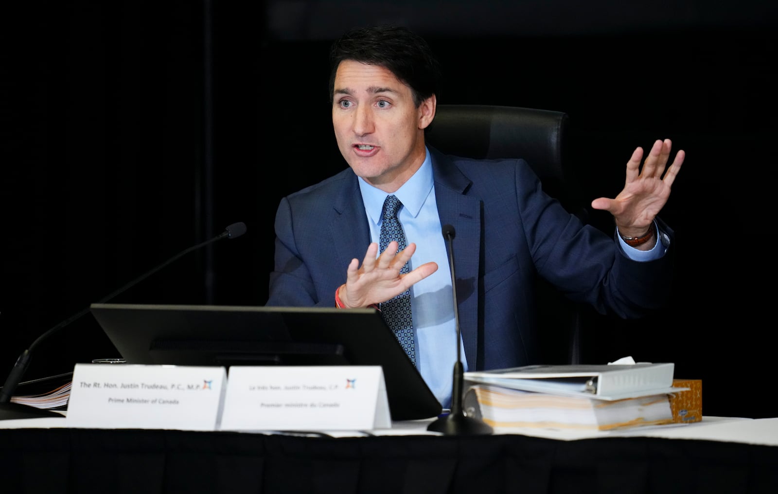 Canada's Prime Minister Justin Trudeau testifies at the Foreign Interference Commission in Ottawa, Ontario, Wednesday, Oct. 16, 2024. (Sean Kilpatrick/The Canadian Press via AP)