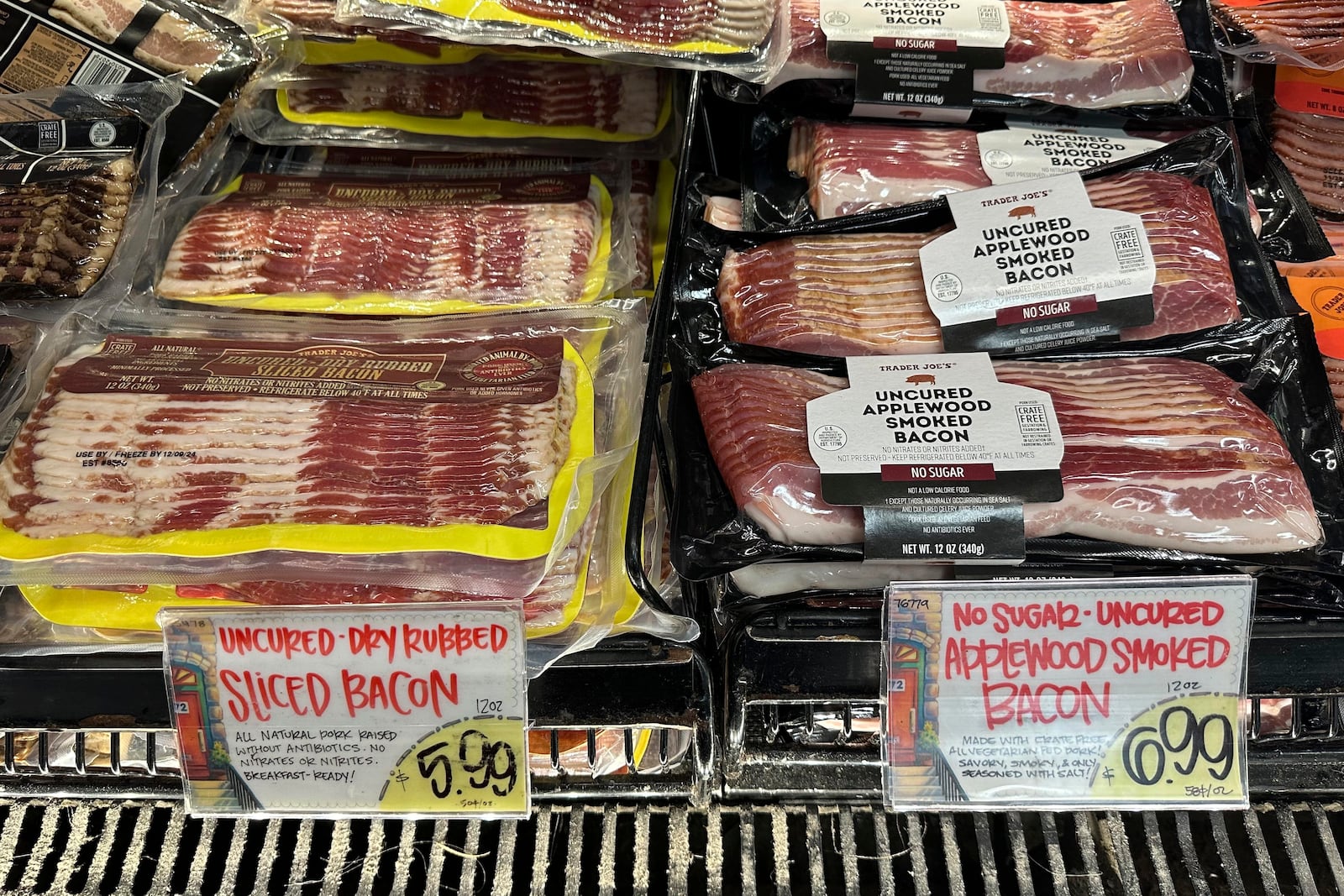 Bacon is displayed for sale at a Trader Joe's store in New York, Monday, Oct. 7. 2024. (AP Photo/Richard Drew)