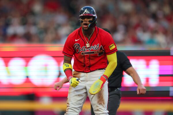 The Braves’ Ronald Acuna Jr. reacts after stealing second base during the fourth inning against the Miami Marlins at Truist Park, Friday, June 30, 2023, in Atlanta. The Braves won 16-4. Jason Getz / Jason.Getz@ajc.com)