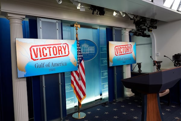 Monitors are seen behind the podium in the James Brady Press Briefing Room at the White House, Monday, Feb. 24, 2025, in Washington. (AP Photo/Alex Brandon)