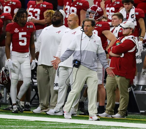 Alabama head coach Nick Saban reacts on the sidelines during the fourth quarter as Georgia drives for a touchdown to take control of the game in the College Football Playoff Championship game on Monday, Jan. 10, 2022, in Indianapolis. (Curtis Compton/The Atlanta Journal-Constitution/TNS)