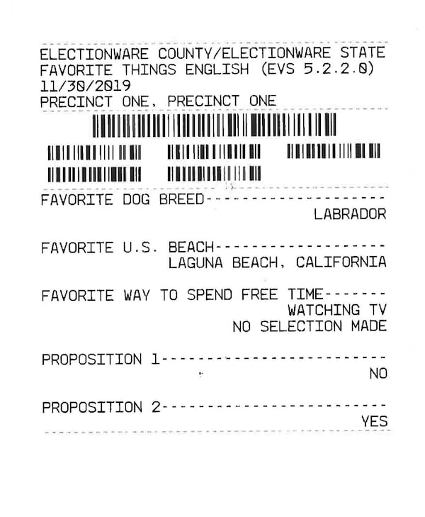 A sample ballot shows how bar codes and voter choices would be displayed using the ExpressVote system, which was tested in a Conyers election in November. The ExpressVote system combines touch screens and paper ballots to record voters’ choices. The Georgia General Assembly is considering legislation, Senate Bill 403, that would replace the state’s voting system.