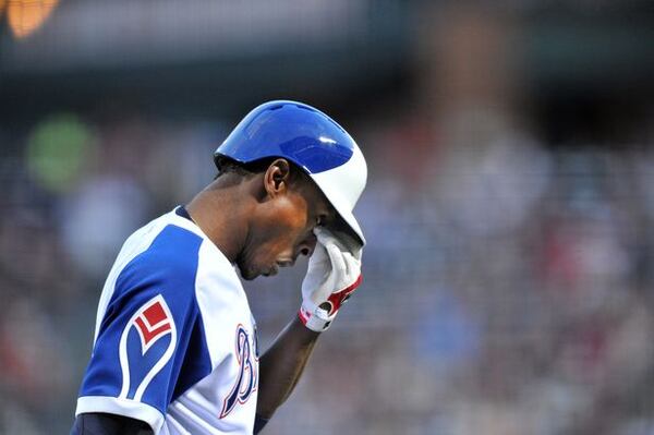 B.J. Upton after striking out in the first inning. (Hyosub Shin/AJC)