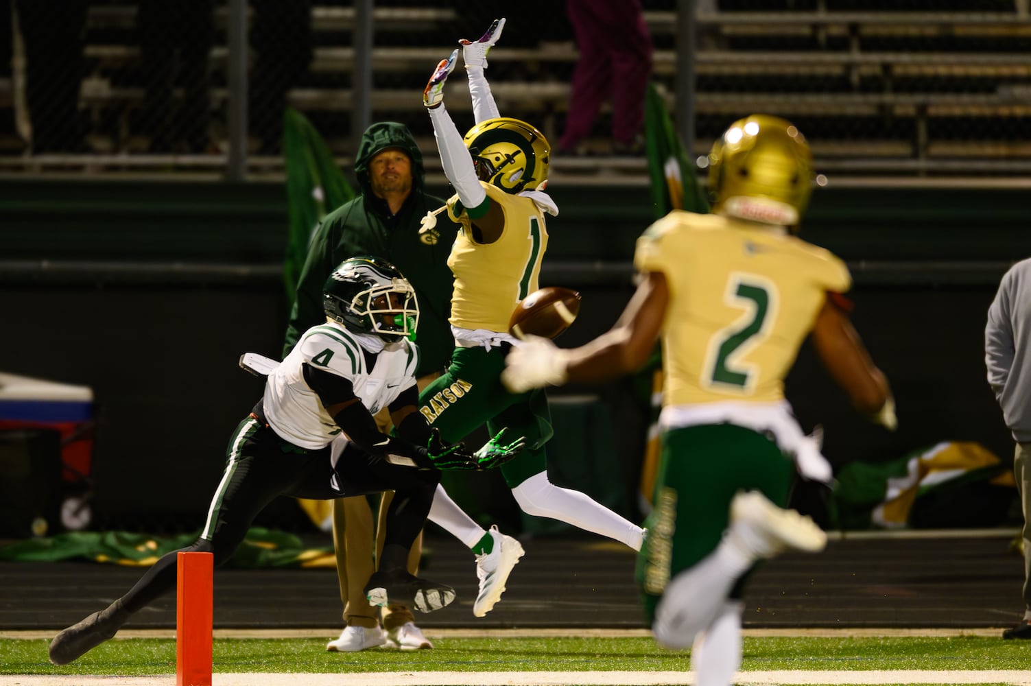 Collins Hill receiver Alijah Patillo goes for the catch. (Jamie Spaar for the Atlanta Journal Constitution)