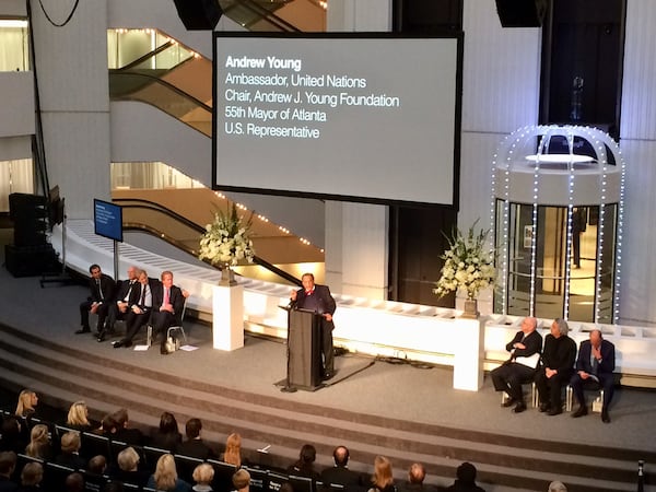 Former Atlanta mayor and U.N. ambassador Andrew Young, center, gives a eulogy during a memorial service for famed Atlanta architect and developer John C. Portman Jr. at AmericasMart in downtown Atlanta on Friday, Jan. 5, 2018. Portman died Dec. 29, 2017, at age 93. J. SCOTT TRUBEY/STRUBEY@AJC.com.