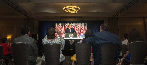 The Republican National Convention watch party at the Grand Hyatt Atlanta on Thursday, August 27, 2020.  The final day of the convention features President Donald Trump at the final speaker.  (Jenni Girtman for The Atlanta Journal-Constitution)