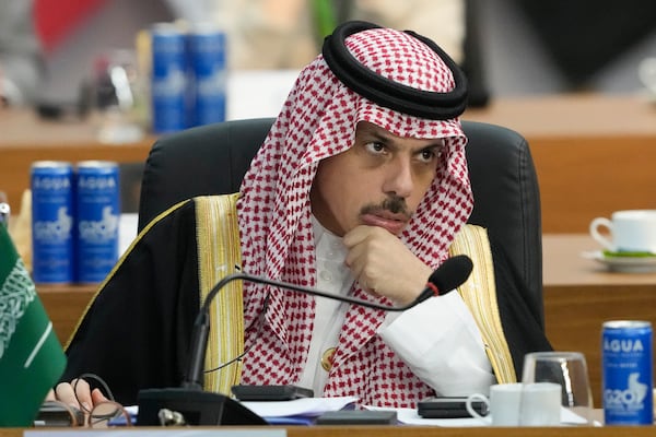 Saudi Arabia's Foreign Minister Prince Faisal bin Farhan Al-Saud attends the G20 Summit leaders meeting in Rio de Janeiro, Tuesday, Nov. 19, 2024. (AP Photo/Eraldo Peres)