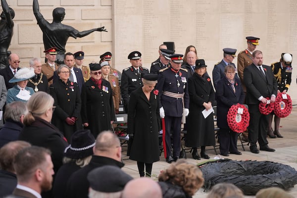 Sophie, Duchess of Edinburgh, attends a the Remembrance service at National Memorial Arboretum in Alrewas, Staffordshire, England, to mark Armistice Day, Monday Nov. 11, 2024. (Jacob King/PA via AP)