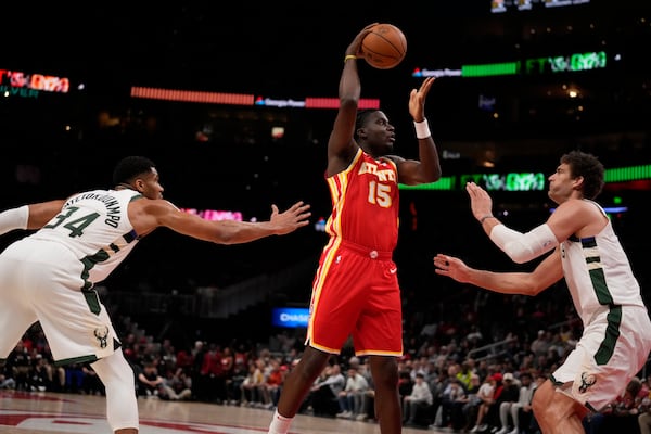 Atlanta Hawks center Clint Capela (15) shoots in the first half of an NBA basketball game against the Milwaukee Bucks, Tuesday, March 4, 2025, in Atlanta. (AP Photo/Brynn Anderson)