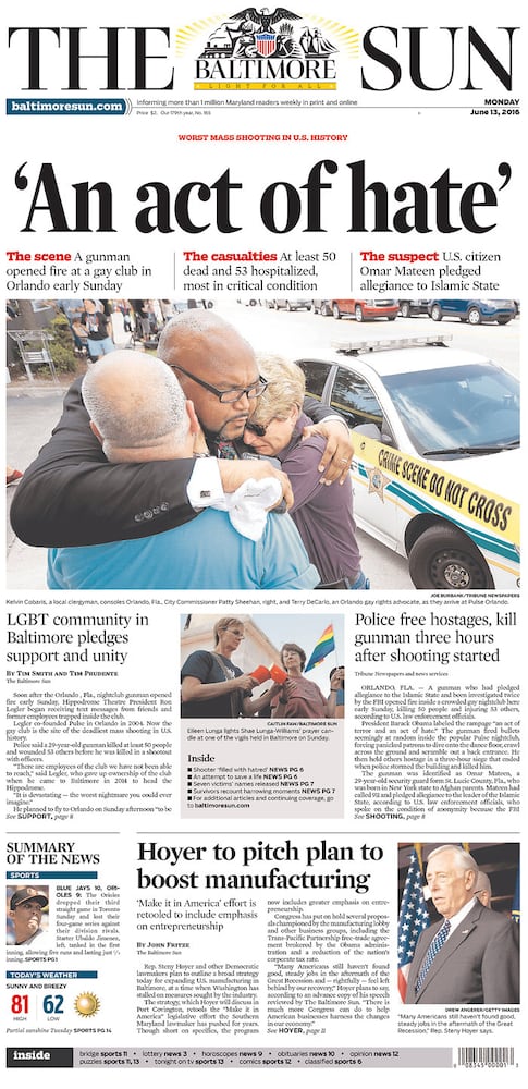 Newspaper front pages reflect Orlando tragedy