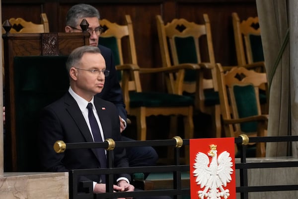 Poland's President Andrzej Duda attends a parliament session, Friday March 7, 2025 in Warsaw, Poland. (AP Photo/Czarek Sokolowski)