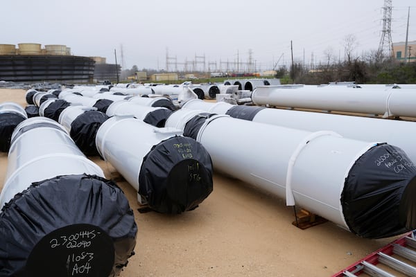 Isolated-phase bus ducts are visible at Entergy's Orange County Advanced Power Station, a 1,215-megawatt facility under construction, Monday, Feb. 24, 2025, in Orange, Texas. (AP Photo/David J. Phillip)