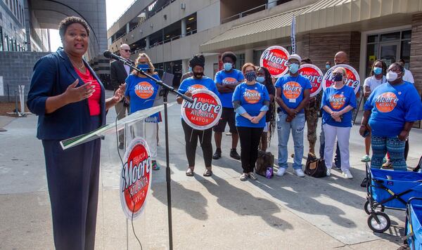  City Council President and mayoral candidate Felicia Moore unveiled the details of her plan to fight crime at a press conference on Friday. STEVE SCHAEFER FOR THE ATLANTA JOURNAL-CONSTITUTION